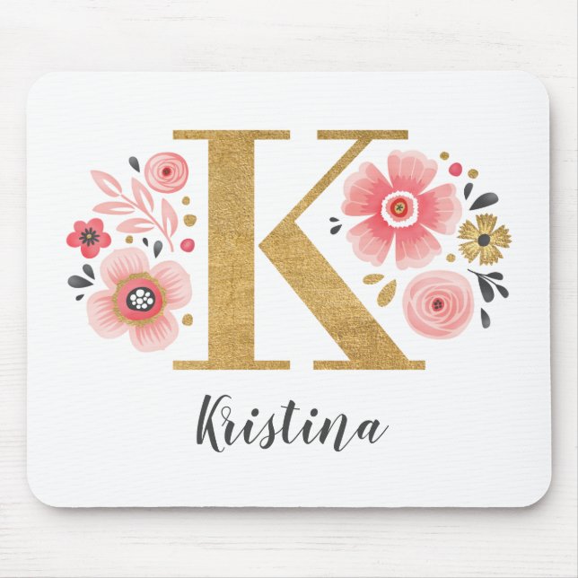 Monogram Initial Pink Floral Mouse Mat (Front)