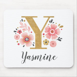 Monogram Initial Pink Gold Letter Y Mouse Mat