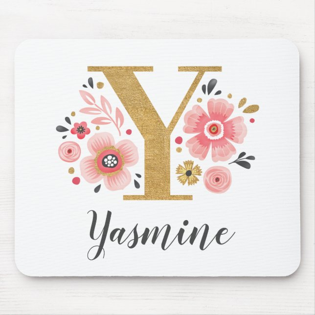 Monogram Initial Pink Gold Letter Y Mouse Mat (Front)