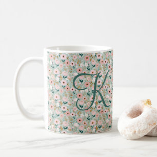 Monogram Initial Pink Green Watercolor Florals  Coffee Mug