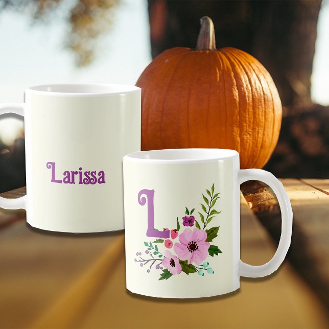 Monogram Initial Pink Purple Floral Custom Name Coffee Mug (Creator Uploaded)
