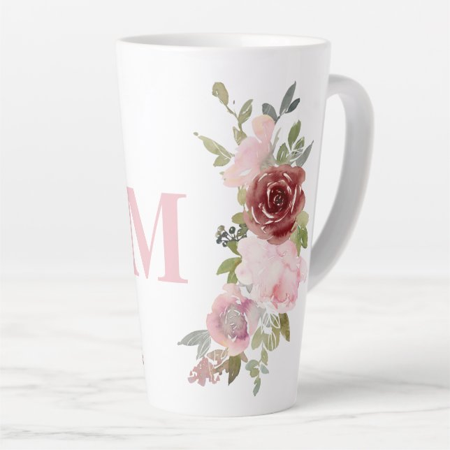 Monogram Initial Pink Rose Watercolor Floral Latte Mug (Right Angle)