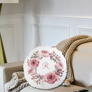 Monogram Initial Pink Roses Greenery Watercolor  Round Cushion
