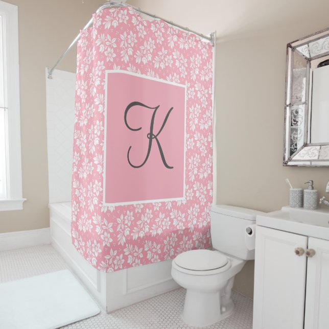 Monogram Initial Pink White Grey Floral  Shower Curtain (In Situ)