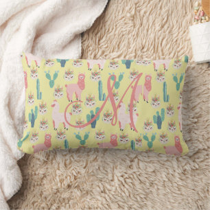 Monogram Initial Pink Yellow Llama Nursery for her Lumbar Cushion