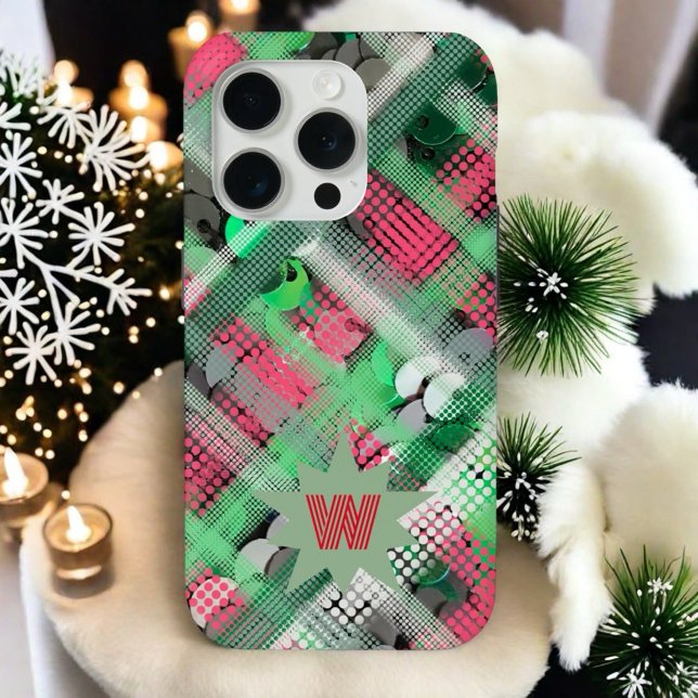 monogram initial plaid tartan red green festive  iPhone case (Creator Uploaded)