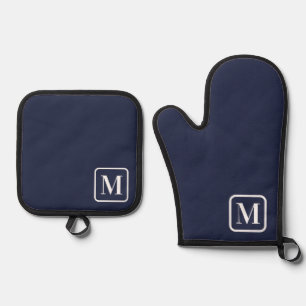 Monogram Initial Plain Solid Navy Blue coloured Oven Mitt & Pot Holder Set