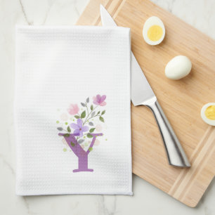 Monogram Initial Plus Floral Design Tea Towel