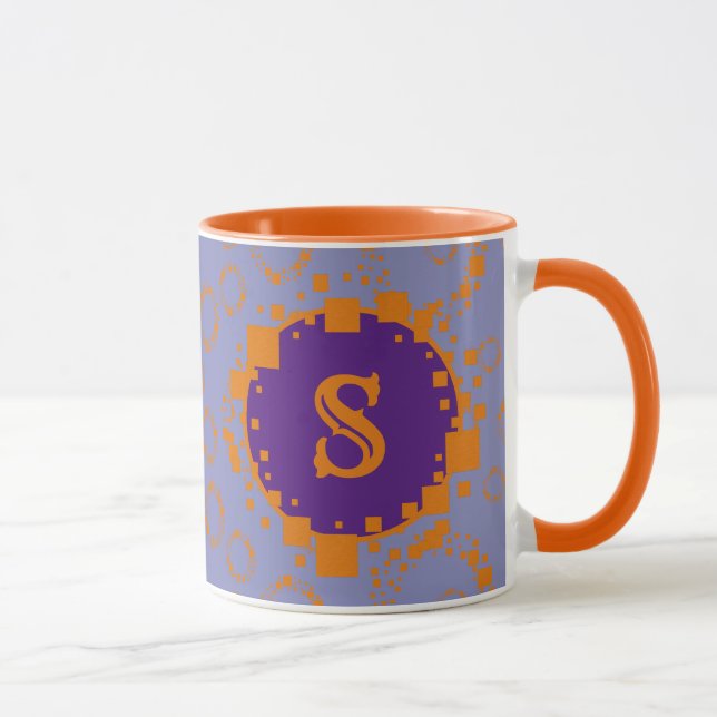 Monogram Initial Purple Orange Digital Bits Art Mug (Right)