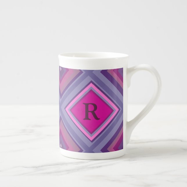 Monogram Initial Purple Pink Diamond Pattern Layer Bone China Mug (Right)
