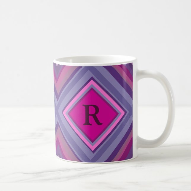 Monogram Initial Purple Pink Diamond Pattern Layer Coffee Mug (Right)