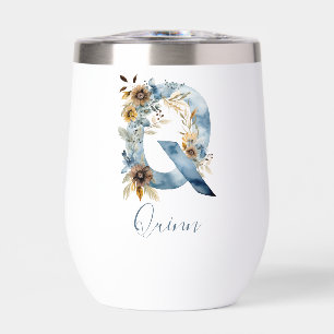 Monogram Initial Q Blue Floral Watercolor Gift Her