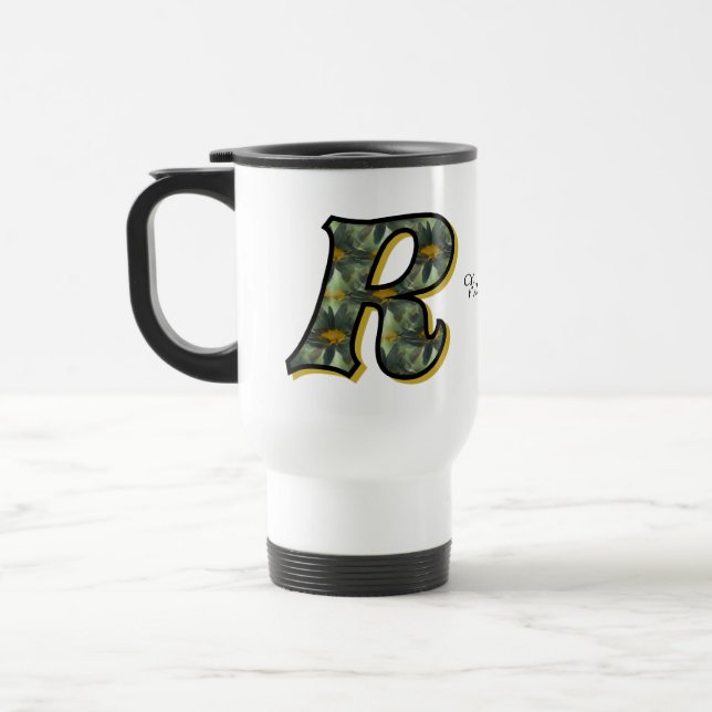 Monogram Initial R Daisy Floral Art Personalised Travel Mug (Left)