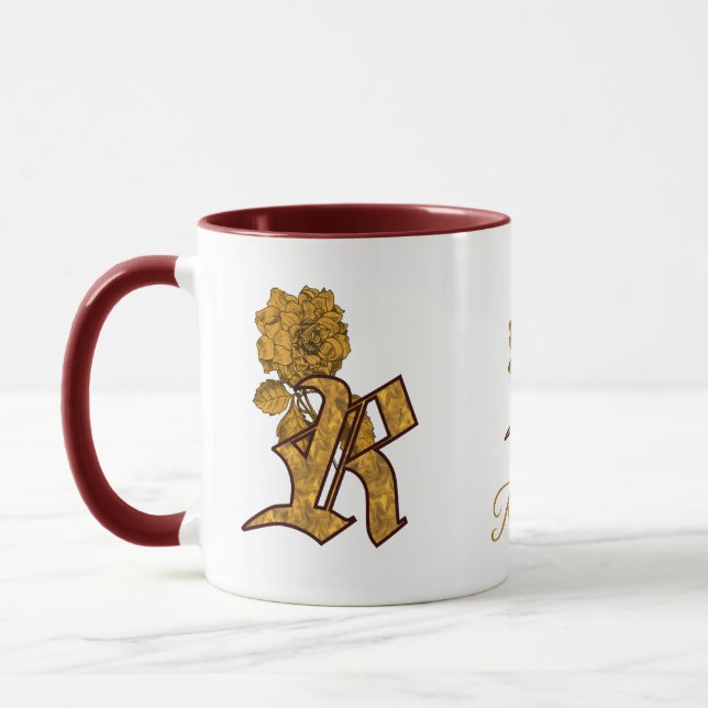 Monogram Initial R Elegant Gold Peony Personalised Mug (Left)