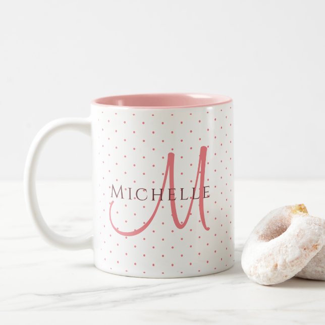 Monogram Initial Replace Your Name Charisma Red Two-Tone Coffee Mug (With Donut)