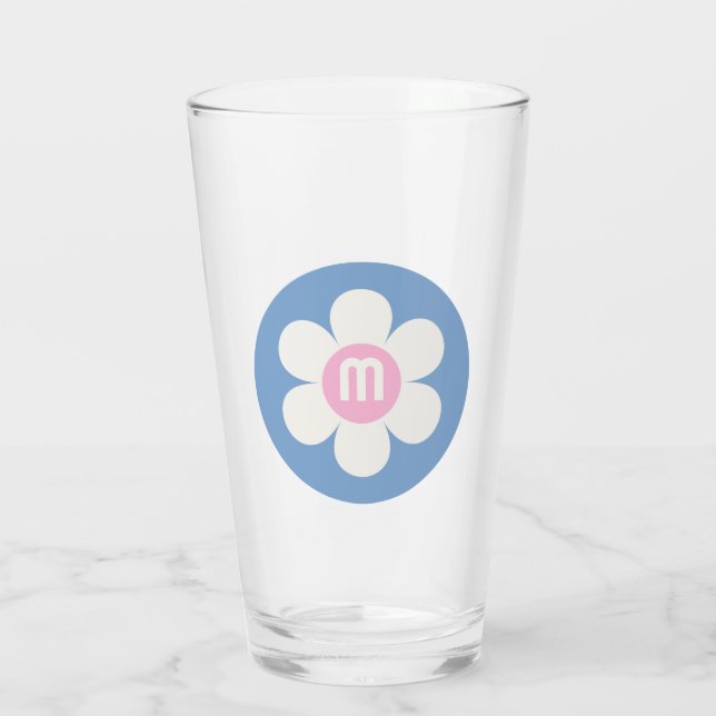 Monogram Initial Retro Daisy pink & blue Glass (Back)