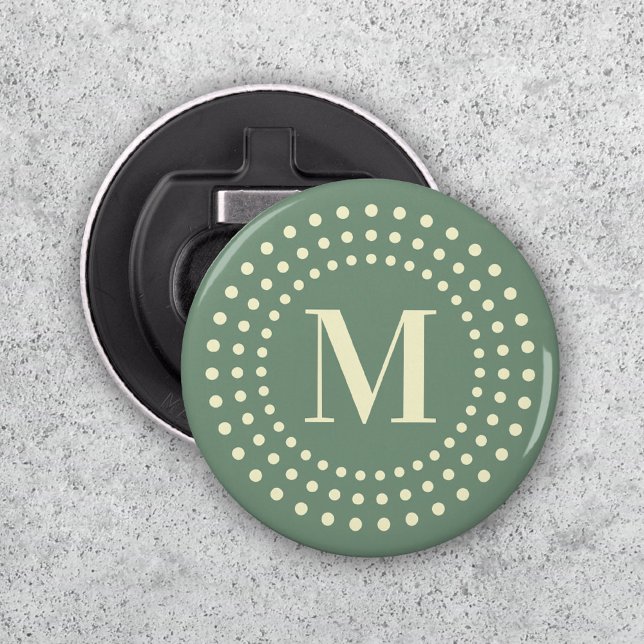 Monogram initial retro radial dots sage green bottle opener (Creator Uploaded)