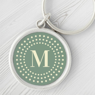 Monogram initial retro radial dots sage green key ring