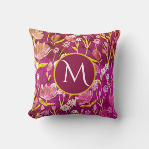 Monogram Initial Romantic Burgundy Floral   Cushion