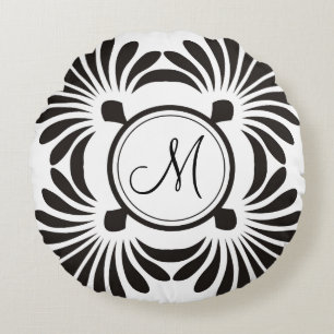 Monogram Initial Round Pillow-Black Floral Cushion