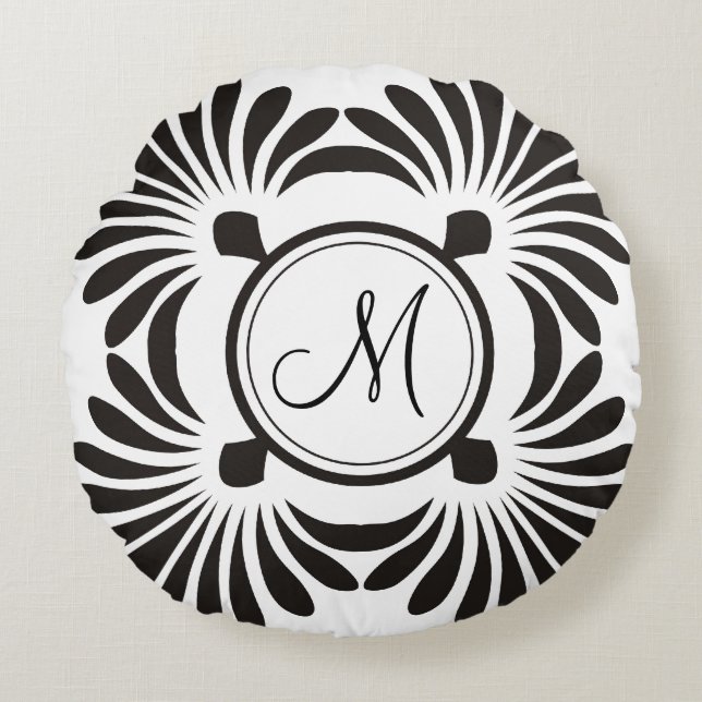Monogram Initial Round Pillow-Black Floral Cushion (Front)