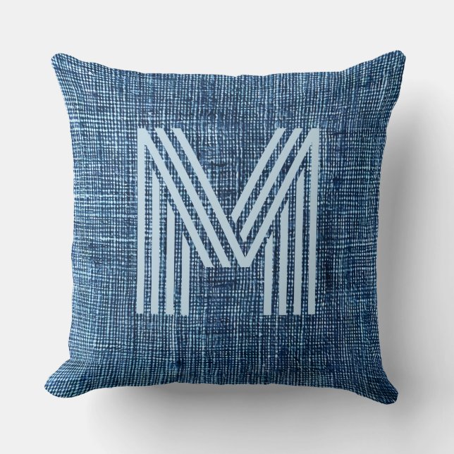 Monogram Initial Rustic Blue Denim Large Cushion (Front)