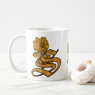 Monogram Initial S Elegant Gold Peony Personalised Coffee Mug