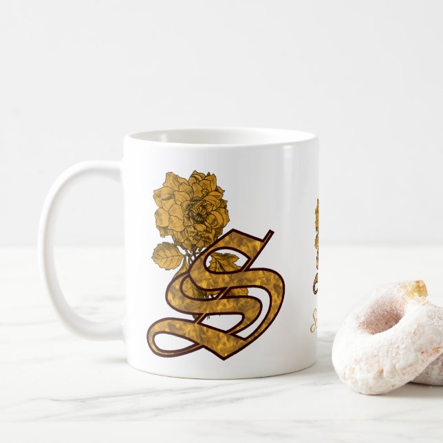 Monogram Initial S Elegant Gold Peony Personalised Coffee Mug (With Donut)