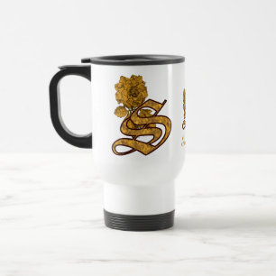 Monogram Initial S Elegant Gold Peony Personalised Travel Mug