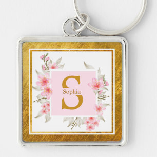 Monogram Initial "S" Floral - Pink Roses & Gold Key Ring