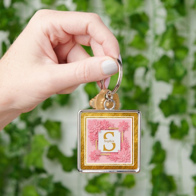 Monogram Initial "S" Floral - Pink Roses & Gold Key Ring (Hand)