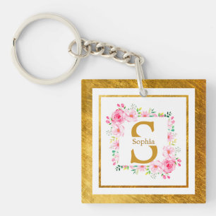 Monogram Initial "S" Floral - Pink Roses & Gold Key Ring