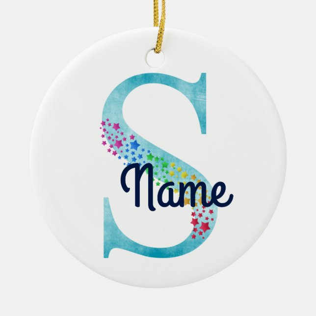 Monogram Initial S Rainbow Star design Ceramic Tree Decoration (Front)
