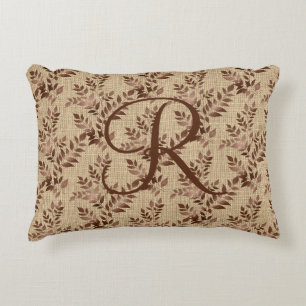 Monogram Initial Script Brown Rose Gold Leaves Decorative Cushion