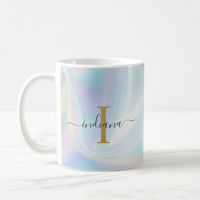 Monogram Initial Script Holographic Modern Mum Coffee Mug (Left)