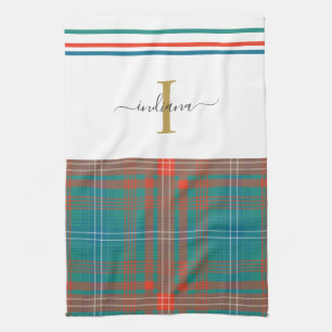 Monogram Initial Script Plaid Rustic Holiday Tea Towel