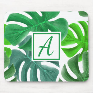 Monogram Initial Simple Green Nature Leaves Mouse Mat
