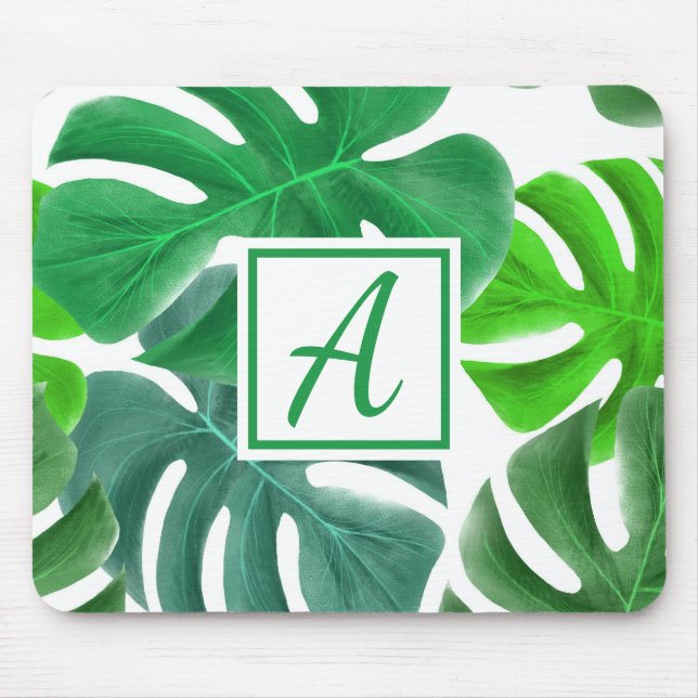 Monogram Initial Simple Green Nature Leaves Mouse Mat (Front)
