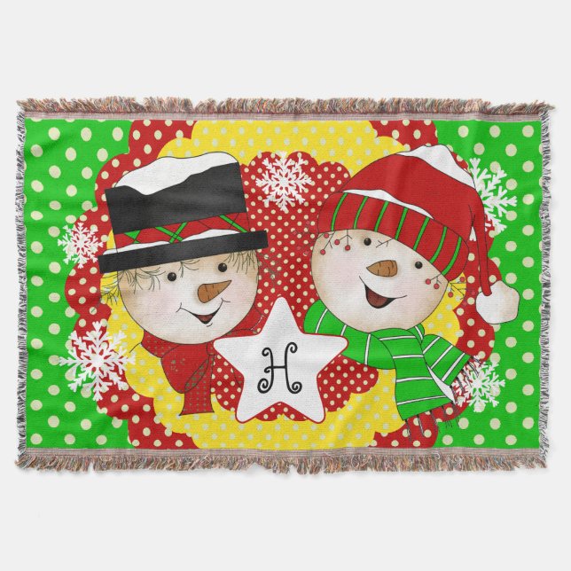 Monogram Initial Snowmen on Classic Dot Throw Blanket (Front)