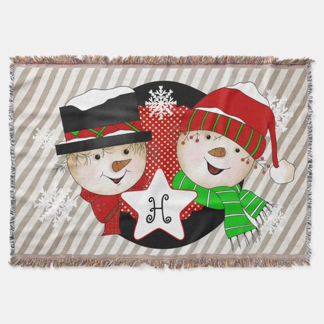 Monogram Initial Snowmen on Grey Stripe Throw Blanket (Front)