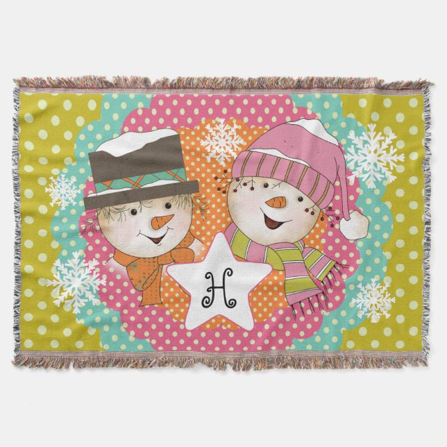 Monogram Initial Snowmen on Multi Dot Throw (Front)