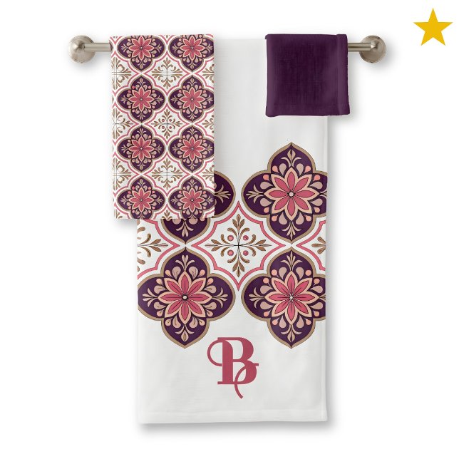 Monogram Initial Spanish Tiles Flower Pattern  Bath Towel Set (Creator Uploaded)