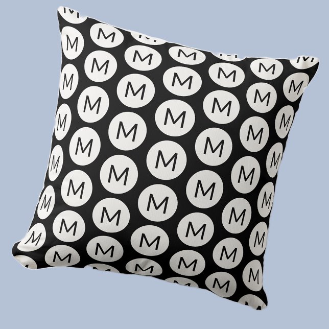 Monogram Initial Spot Pattern Personalised Black Cushion (Polka dot spot pattern modern monogram initial personalized pillow In black and white)