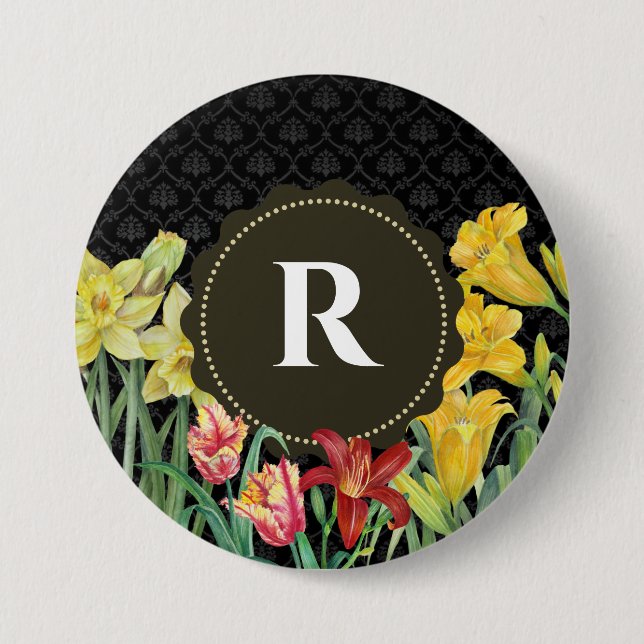 Monogram Initial Spring Flowers Damask Background 7.5 Cm Round Badge (Front)