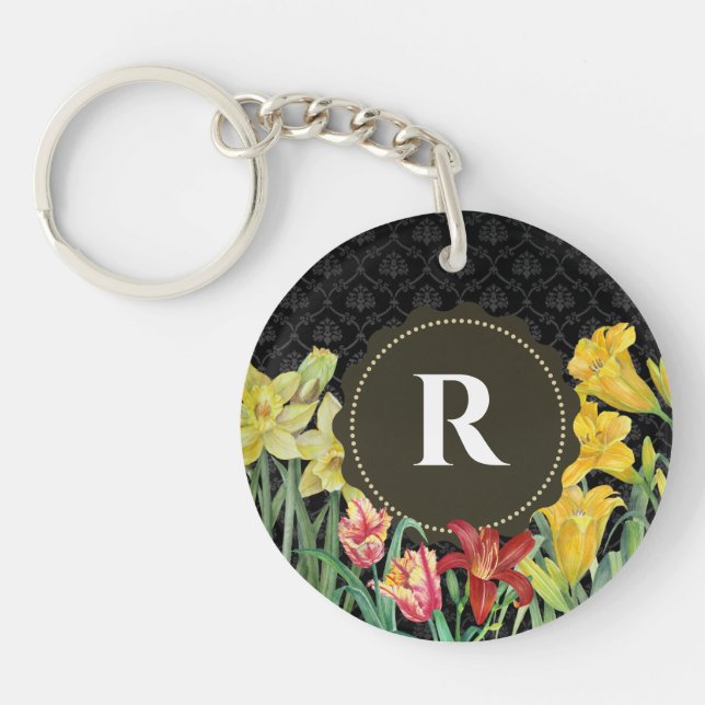 Monogram Initial Spring Flowers Damask Background Key Ring (Front)