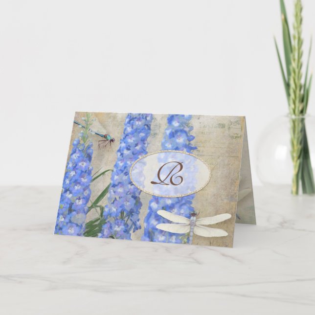 Monogram Initial Stationery Dragonfly Butterfly Note Card (Front)