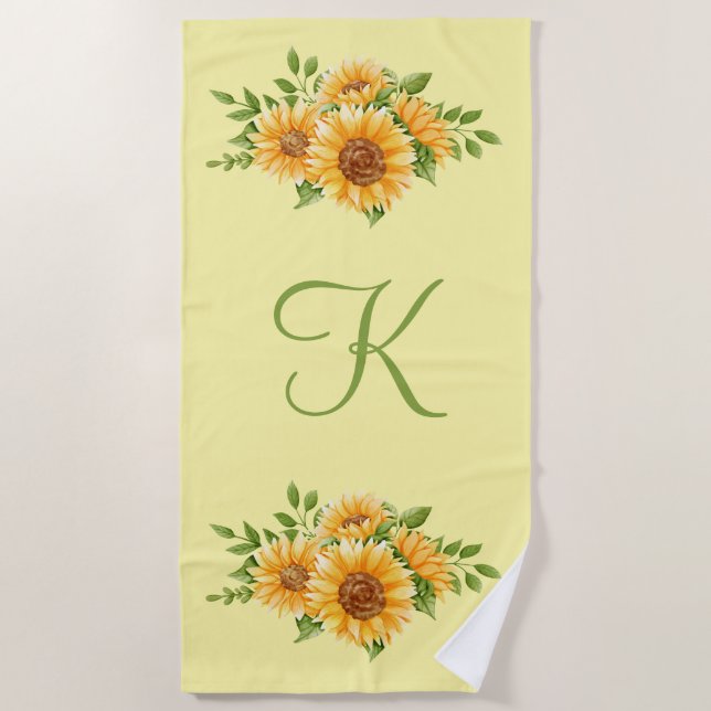 Monogram Initial Sunflowers Yellow Beach Towel (Front)