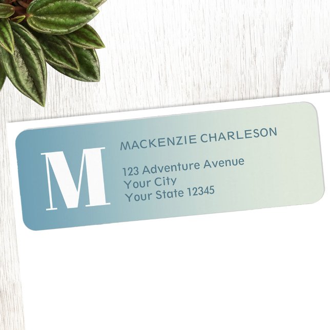 Monogram Initial Teal Aqua Gradient Return Address (Modern monogram initial name teal aqua blue gradient personalized return address labels)