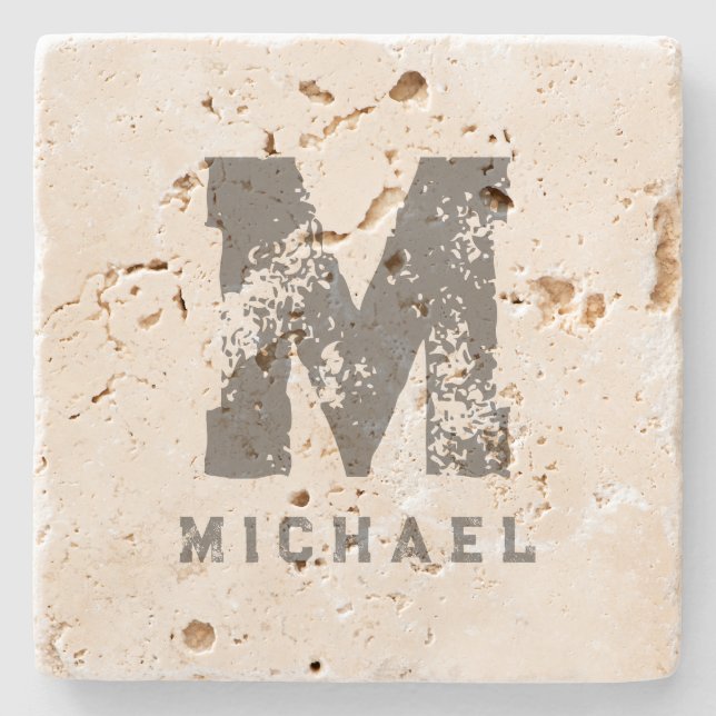 Monogram Initial Template Elegant Cool Travertine Stone Coaster (Front)