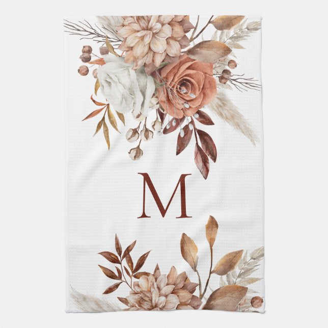 Monogram Initial Terracotta Florals Pampas Tea Towel (Vertical)